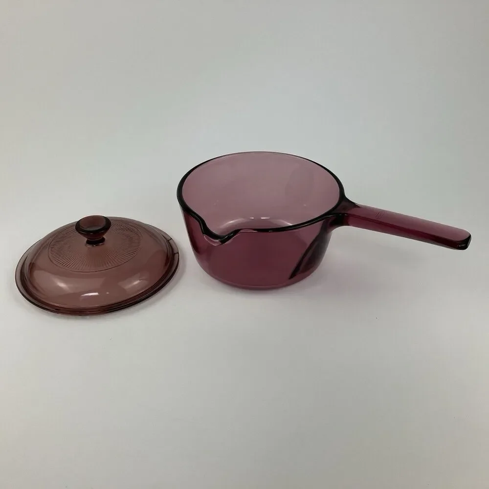 Pyrex Corning Ware Visions Cranberry Purple Cookware Glass Saucepan /w Lid VTG